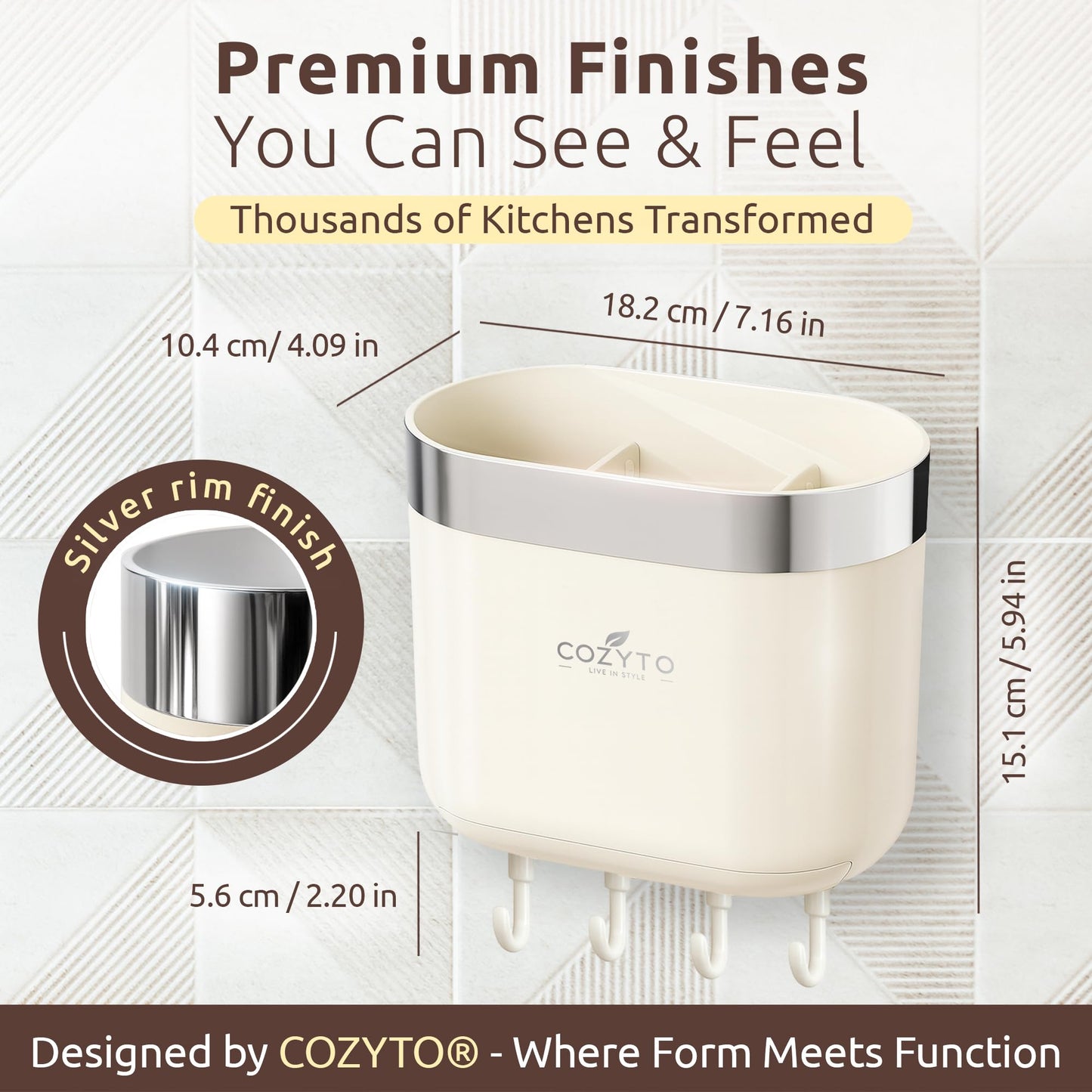COZYTO LuxTray U1-Pro Wall Mounted Utensil Holder – Kitchen Organizer with Hooks, Dividers & Drain Tray, No-Drill Adhesive Wall Mount Storage, BPA-Free (Cream White & Shiny Silver)