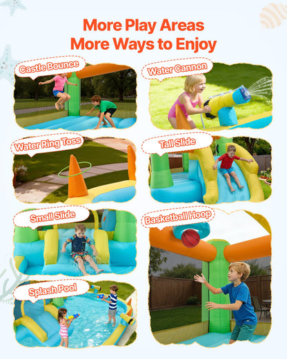 VEVOR Bounce House for Kids, Inflatable Bounce House with Air Blower, Water Slide, Bouncer Castle with Castle Bounces, Basketball Hoop, Splash Pool & Water Ring Toss, for 3 to 4 Kids Ages 3 to 8