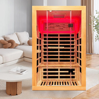 OUTEXER Infrared Sauna 2000W Wooden Saunas Home Spa Room Canadian Hemlock Wood Low-EMF Indoor Saunas with with Red Light Beauty Lamp for Two Person 74.8 * 47.2 * 41.3Inch