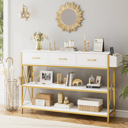 HITHOS Tall Bookshelf, Industrial Console Table with Drawers and Ladder Shelves, Free Standing Storage Cabinet Kitchen Bakers Rack with Microwave Oven Stand for Home Office, White Gold