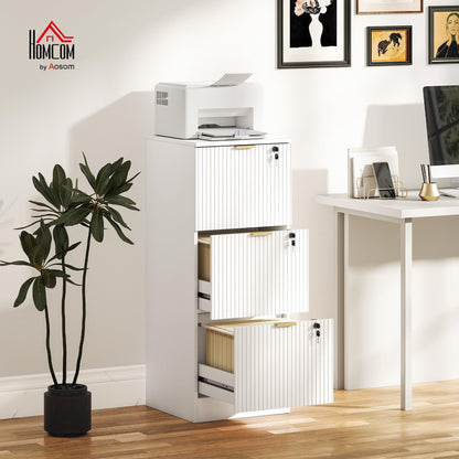 HOMCOM 3 Drawer File Cabinet, Fluted Vertical Filing Cabinet with Lock and Adjustable Hanging Rails for A4 Letter Size Files, Printer Stand with Storage, White