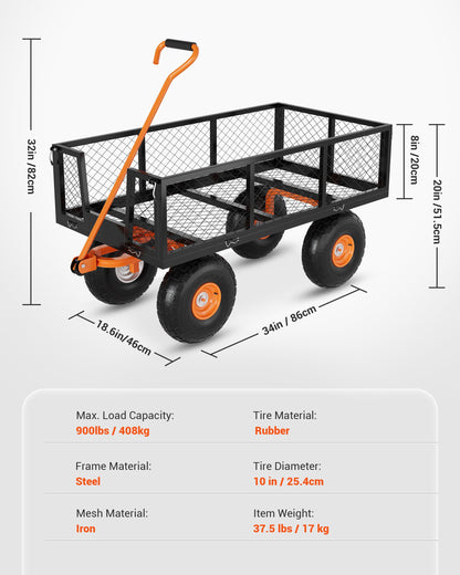 Heavy Duty 900 Lbs Capacity Steel Garden Cart, 3-in-1 Utility Metal Wagon, with Removable Mesh Sides to Convert Into Flatbed, 180° Rotating Handle and 10" Tires