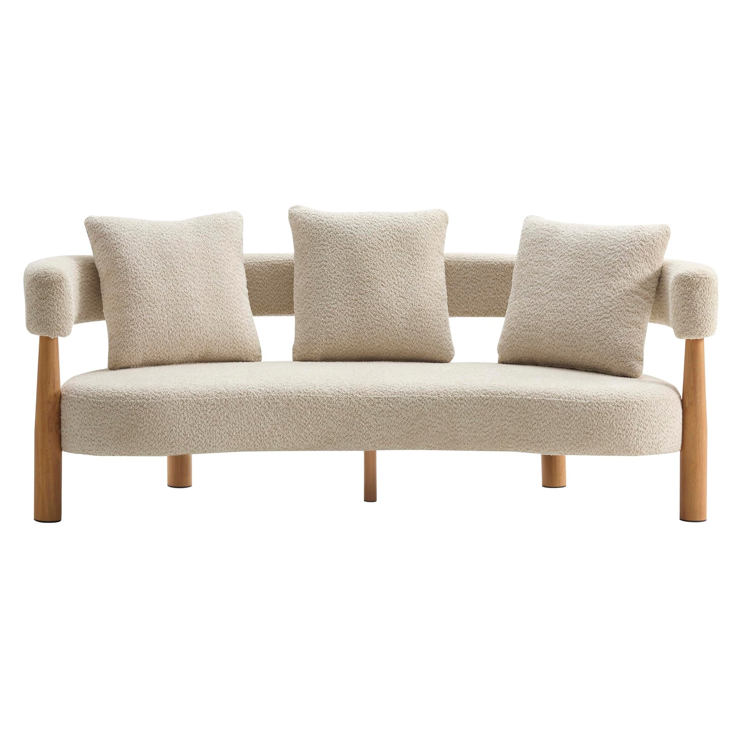 Christopher Knight Home Yulez Curved 3-Seater Sofa Couch with 3 Accent Pillows, Boucle Fabric Upholstered Lounge Seating, 76.5'' Home Office Bedroom Sofa Chair, Comfy Wooden Frame Sofa, Sesame Beige