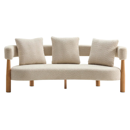 Christopher Knight Home Yulez Curved 3-Seater Sofa Couch with 3 Accent Pillows, Boucle Fabric Upholstered Lounge Seating, 76.5'' Home Office Bedroom Sofa Chair, Comfy Wooden Frame Sofa, Sesame Beige