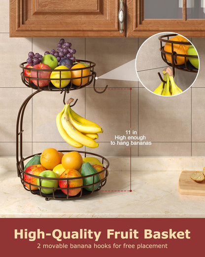 Sevenblue 2 Tier Large Fruit Basket for Kitchen Counter with Removable Banana Hanger - Sturdy Iron Fruit Bowl for Kitchen Counter and Vegetable Holder, Brown, Extra Large