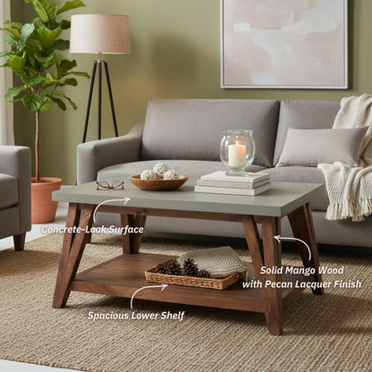 Alaterre Furniture Brookside Coffee Table with Lower Shelf – Modern Rustic Farmhouse 36-Inch Living Room Table with Solid Wood Base and Concrete-Coated Top (Brown and Light Gray)