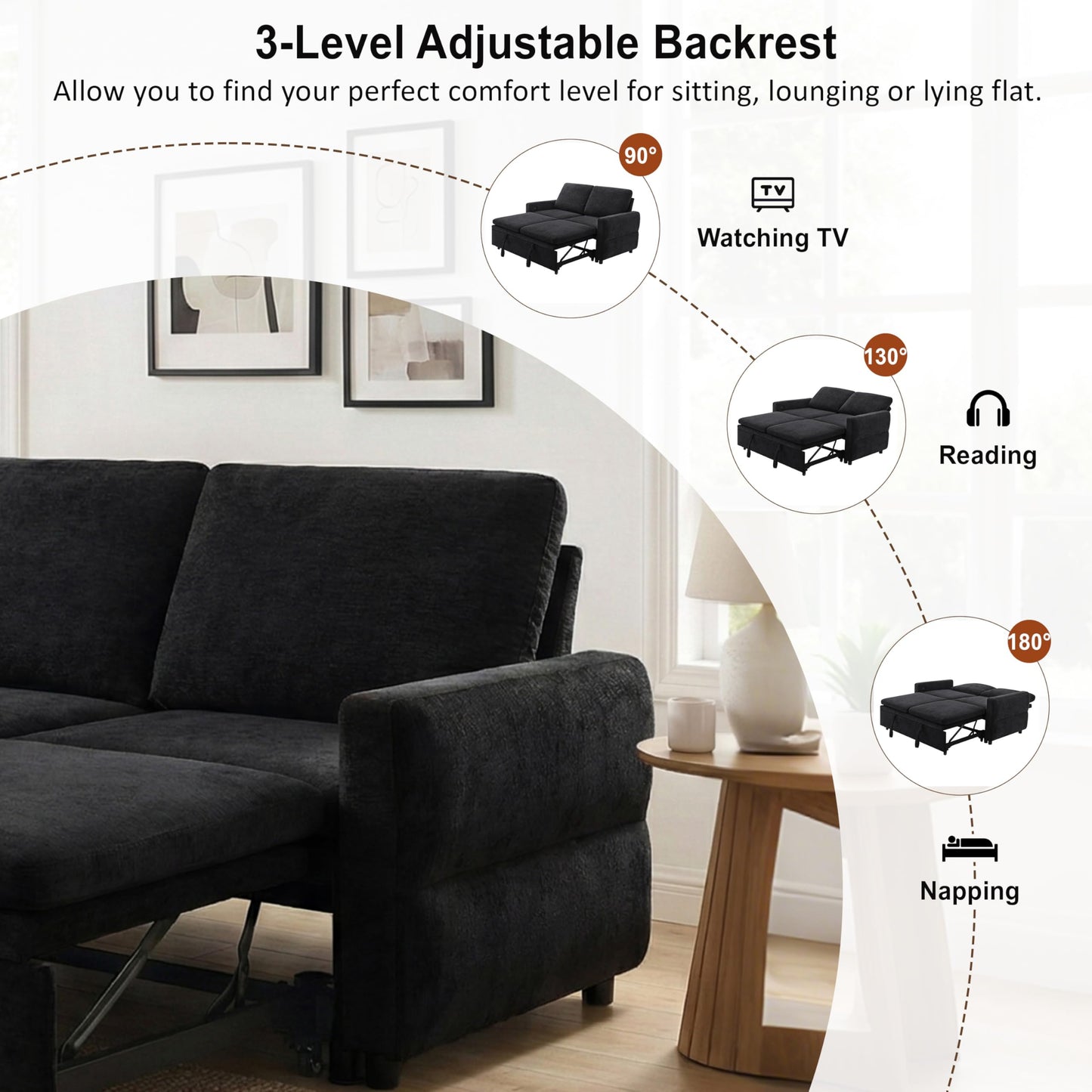 Eafurn 3 in 1 Convertible Sofa Bed Pull Out Sleeper Couch Bed - Modern Futon Loveseat Sleeper Sofa with Adjustable Reclining Backrest & USB Ports for Living Room, Chenille Fabric