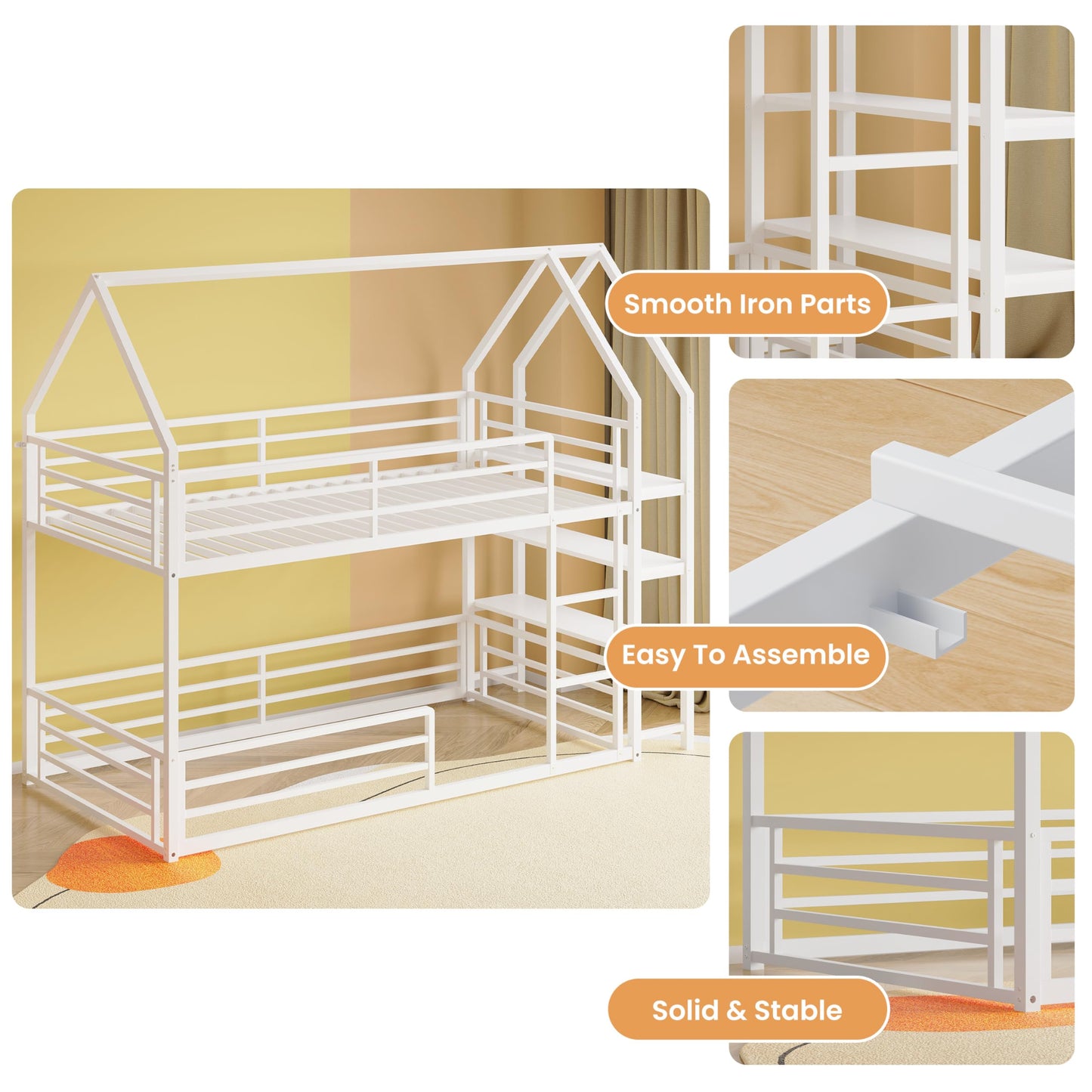 LIKIMIO Bunk Bed Twin Over Twin, Twin Bunk Beds Frame with 3-Tier Storage Bookshelf, Metal Twin House Bed Ladder and Safety Guardrail, Space Saving for Apartment or Dorm, No Box Spring Needed, White