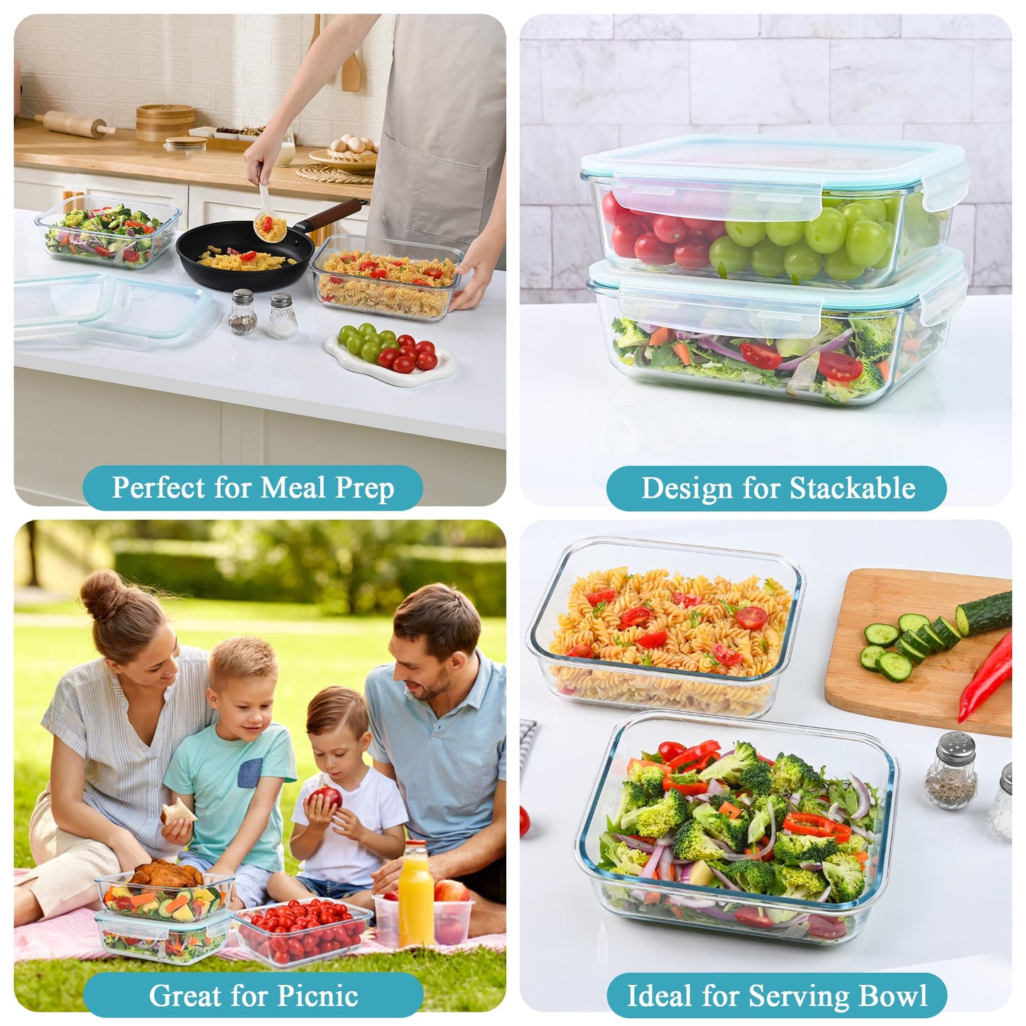 GEHE 9.8 Cup / 78 Oz Large Glass Food Storage Containers with Lids, 2 Pack Glass Meal Prep Containers Set with Airtight Locking Lids - Storing Food, Baking, Leakproof, Freezer, Microwave & Oven Safe