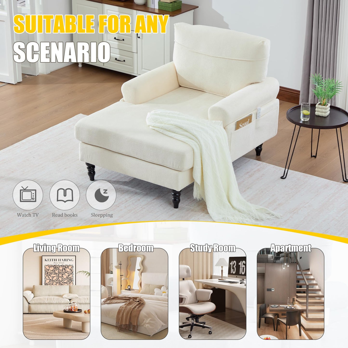 KEIKI Chaise Lounge Chair Indoor, Oversized Accent Chenille Armchair with Storage, Leisure Sleeper Single Sofa Side Chair, Corner Recliner Arm Chairs for Living Room Reading, Easy Assembly, Beige