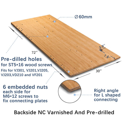 VWINDESK 72 x 30 x 1 Inch 100% Solid Bamboo Desk Table Top Only,for Standing Desk Home Office Desk with 60mm Grommets(Right Angle)