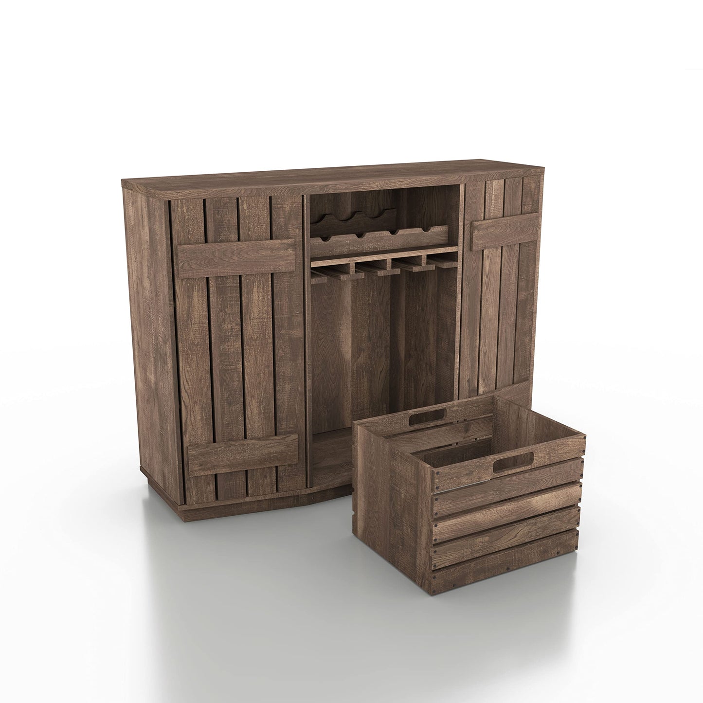 Homes: Inside + Out Lopez Farmhouse 2 Side Cabinets, 3 Shelves 48 in. Buffet with Removable Crate and Four Bottles Wine Rack, Sideboard for Kitchen, Dining Room, Reclaimed Oak Brown