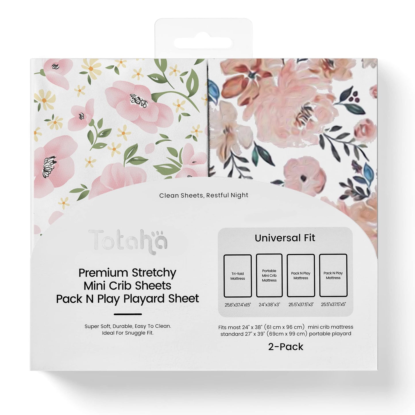 Graco Pack and Play Sheets Fitted, TotAha Buttery Soft Mini Crib Sheets Girl, Floral Pack N Play Mattress Sheets Hypoallergenic, Premium Jersey Playrad Sheets, Meredith Allover & Pale Pink, 2 Pack