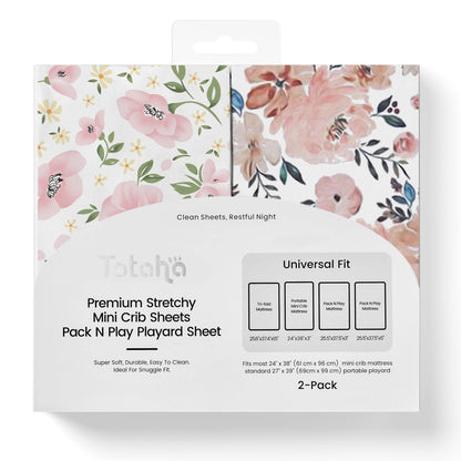 Graco Pack and Play Sheets Fitted, TotAha Buttery Soft Mini Crib Sheets Girl, Floral Pack N Play Mattress Sheets Hypoallergenic, Premium Jersey Playrad Sheets, Meredith Allover & Pale Pink, 2 Pack