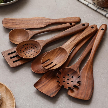Wooden Spoons for Cooking, 12 Pcs Teak Wood Kitchen Utensils Set with Spoon Rest - Nonstick Heat Resistant Wooden Cooking Utensils, Natural Healthy Spatula Set for Pots and Pans