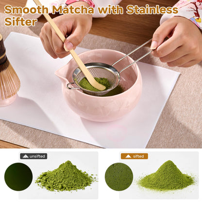ComboJoy Matcha Whisk Set – Crystalline Glaze Bowl, Bamboo Whisk & Holder, Scoop & Sifter with Holder, Cup with Lid & Straw, Ice Cube Tray & Tea Towel – Pink Matcha Gift Set for Women, Women Gifts