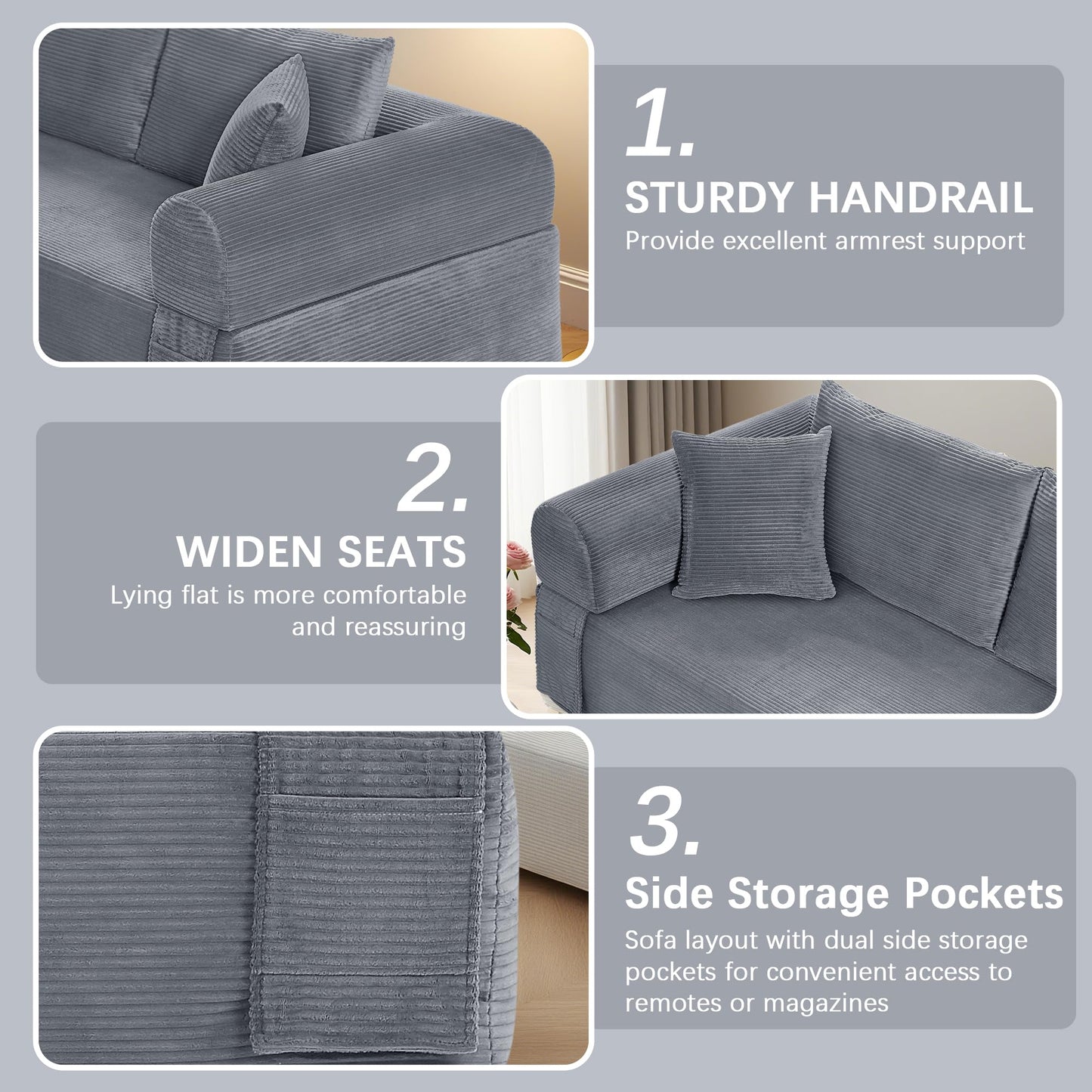 83" Modern Sofa in a Box, No Assembly Oversized 3 Seater 28" Deep Seat Cloud Sofa Bed Couch with 4 Furry Pillows & Corduroy Fabric, Boneless Couch with Side Storage Pockets for Living Room, Dark Grey
