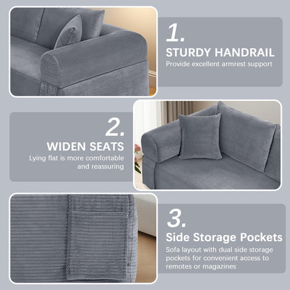 83" Modern Sofa in a Box, No Assembly Oversized 3 Seater 28" Deep Seat Cloud Sofa Bed Couch with 4 Furry Pillows & Corduroy Fabric, Boneless Couch with Side Storage Pockets for Living Room, Dark Grey
