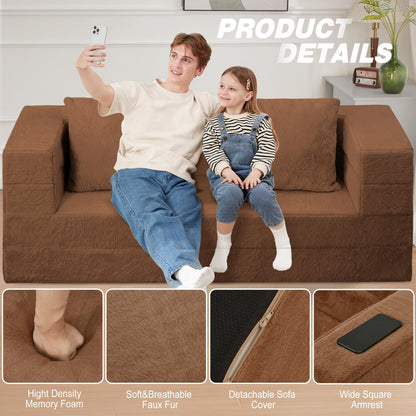 Cansunna Folding Bean Bag Chair for Adults,3-in-1 Bean Bag Couch Faux Fur Floor Sofa Large Beanbag Convertible Bean Bag Sofa Bed with Pillow in Bedroom,Living Room,Apartment(Queen,Caramel)