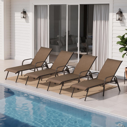 Crestlive Products Outdoor Chaise Lounge Chair, 5-Position Pool Lounge Chairs with Armrests Sunbathing Recliner for Patio, Beach, Deck, Yard (4PC Brown)