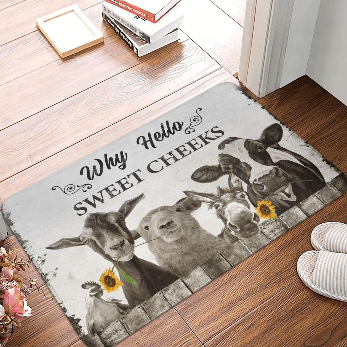 Farmhouse Bath Mat, 16"x24", Non-Slip Cow Door Mat, Quick Dry Washable Funny Animal Shower Floor Rug
