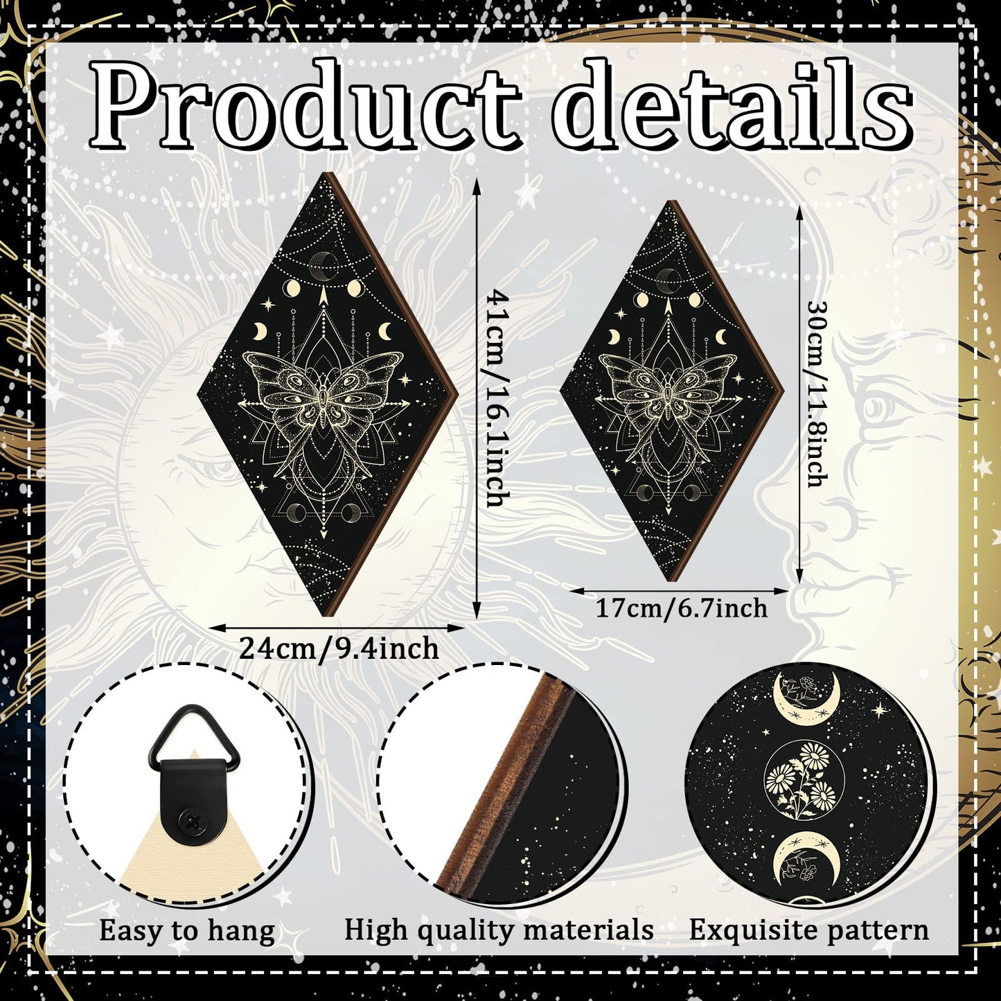 Ferraycle 3 Pcs Rustic Boho Wall Decor Moon Phases Butterfly Wall Art Stars Moon Decor Minimalist Room Decoration Wooden Gothic Witchy Pediments Hanging Sign for Home(9.5 x 16.1 Inch,Black, Gold)