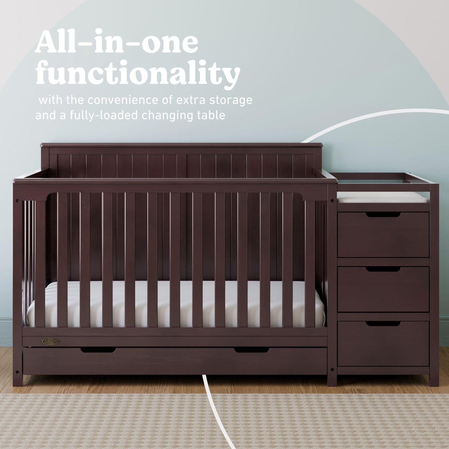 Graco Hadley 5-in-1 Convertible Crib & Changer – GREENGUARD Gold Certified, Fits Standard Crib Mattress, Converts to Toddler Bed and Full Bed, 4 Adjustable Mattress Heights (Espresso)