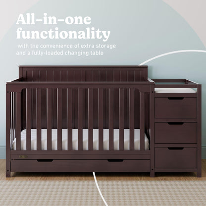 Graco Hadley 5-in-1 Convertible Crib & Changer – GREENGUARD Gold Certified, Fits Standard Crib Mattress, Converts to Toddler Bed and Full Bed, 4 Adjustable Mattress Heights (Espresso)