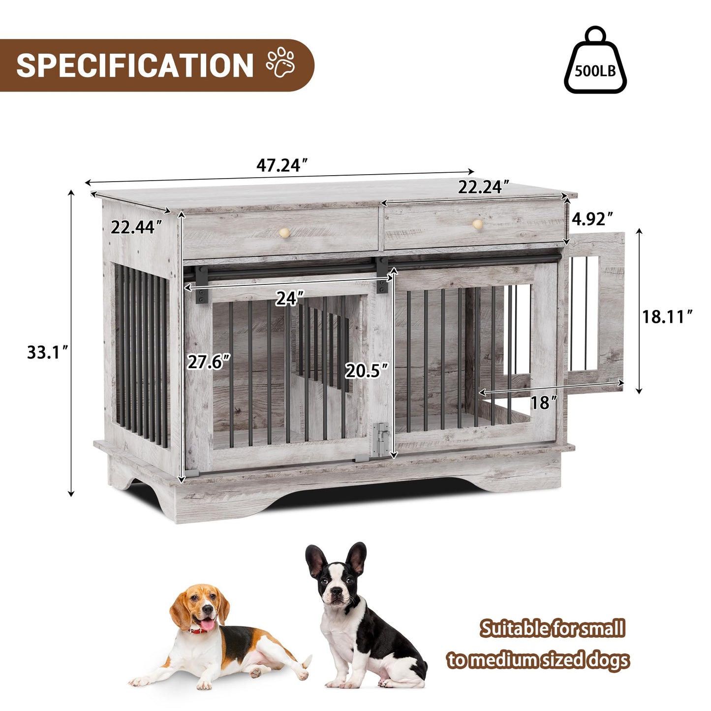 IDEALHOUSE 47'' Dog Crate Furniture,Indoor Wooden Dog Kennel with 2 Storage Drawers,4 Doors and Large Tabletop,Decorative Pet House for Large, Medium, and Small Dogs(Grey)