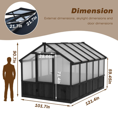 Yardenaler 8x10 FT Greenhouse Kit with 6MM Thick Polycarbonate Panel for Outdoor, Wooden Walk-in Green House with Adjustable Roof Vent and Lockable Door, Backyard, Garden, Black