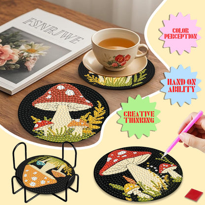 EWJRNSF 6 PCS 5D Diamond Painting Coasters Kits with Holder, Small Diamond Art Kits for Adults Beginners Diamond Dots Arts and Crafts Gems Supplies Item Mushroom Shaped