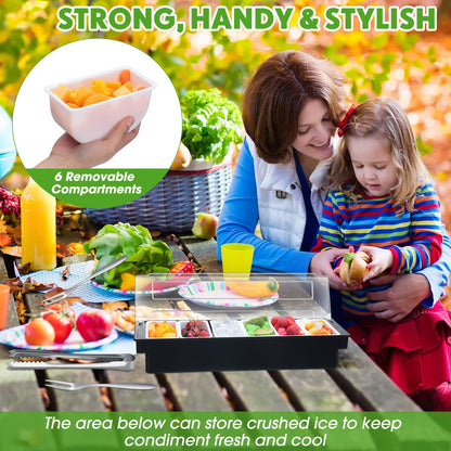 Gandeer 2 Ice Cooled Garnish Tray Deck Bar Garnish Caddy Condiment Containers with Lids and Removable Chilled Condiment Server with 6 Tongs and 6 Fruit Forks (6 Compartments)