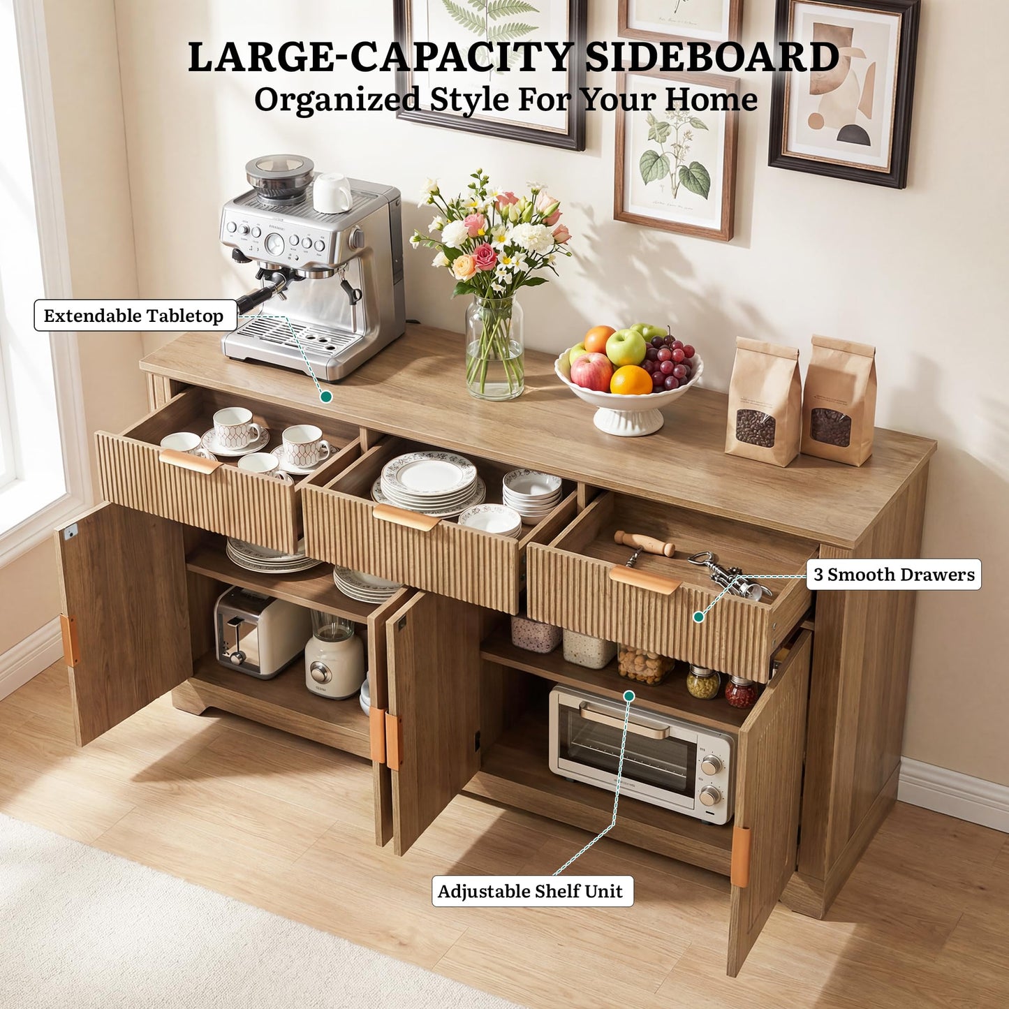 YITAHOME 59" Fluted Sideboard Buffet Cabinet with Storage, Wood Kitchen Storage Cabinet with Adjustable Shelves & Drawers, Mid Century Modern Credenza for Kitchen, Living Room, Entryway (Natural Oak)