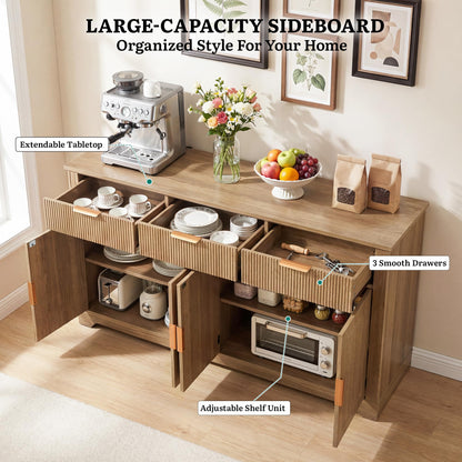 YITAHOME 59" Fluted Sideboard Buffet Cabinet with Storage, Wood Kitchen Storage Cabinet with Adjustable Shelves & Drawers, Mid Century Modern Credenza for Kitchen, Living Room, Entryway (Natural Oak)