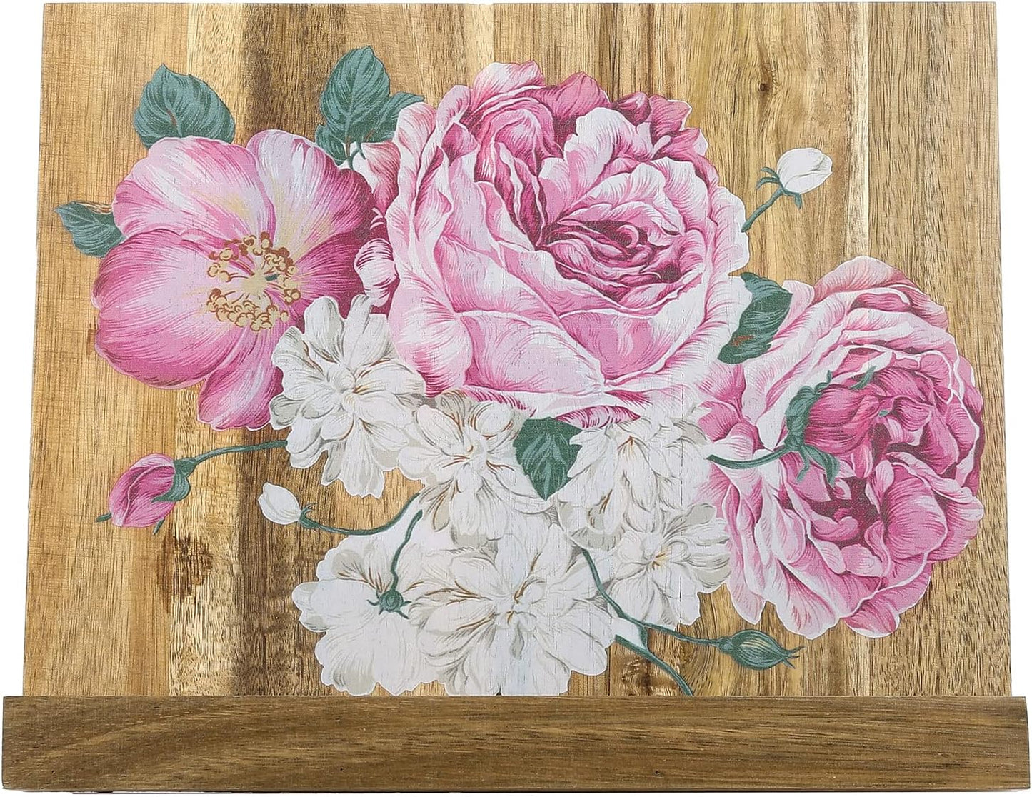 MyGift Premium Acacia Wood Cookbook Holder Stand, Hand Painted Floral Design, Kitchen Countertop Recipe Book Stand