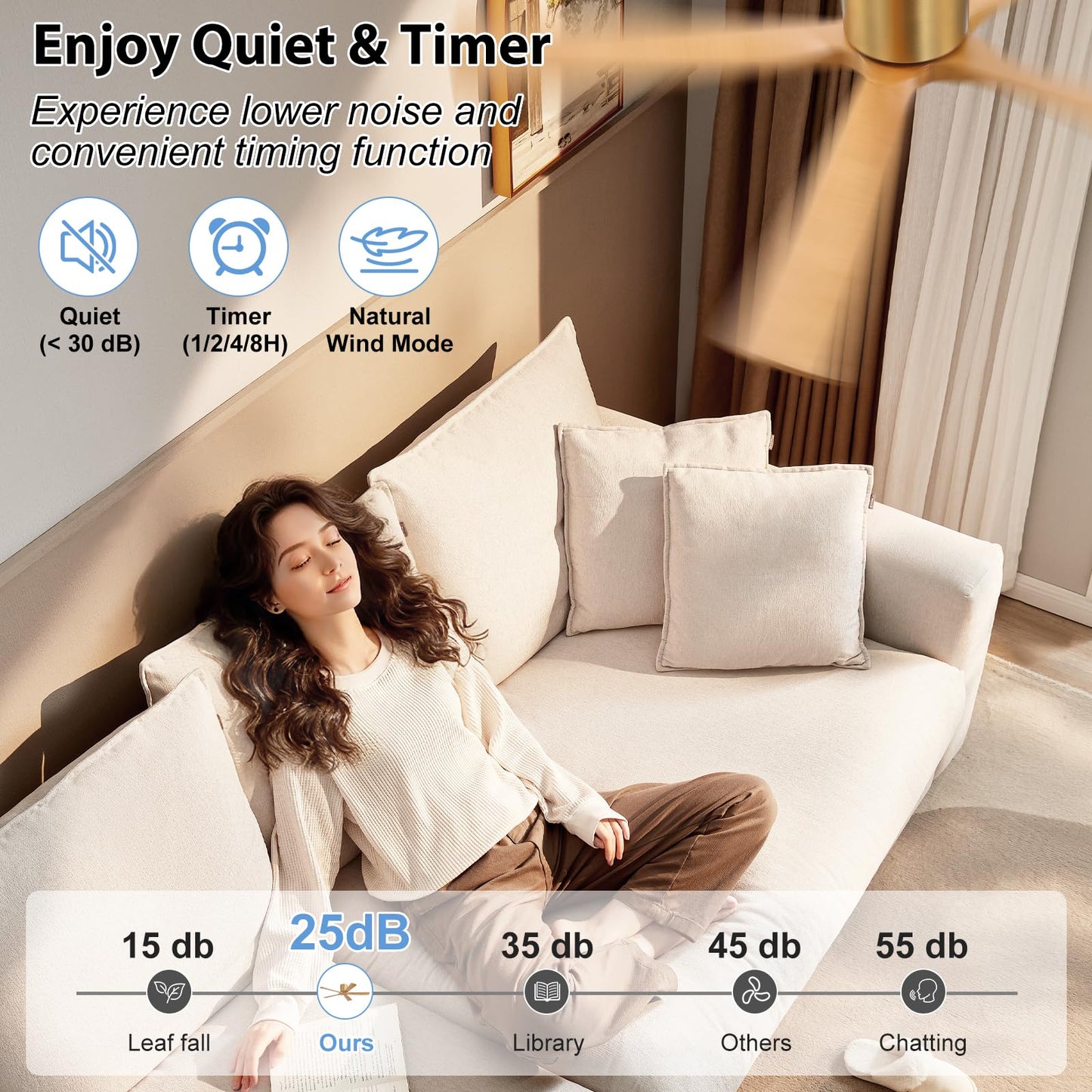 ELEHINSER 52 inch Low Profile Ceiling Fan without Light, 5 Solid Wood Blades, 6-Speeds, Quiet DC Motor, Timer, Flush Mount Modern Ceiling Fan with Remote for Living Room Bedroom, Gold + Beechwood
