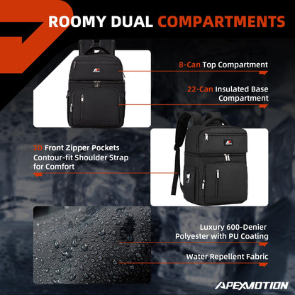 COOLJOB Insulated Cooler Backpack for Men Women, Leakproof Lunch Bag with Waterproof Liner, Double Roomy Deck, RFID, Black