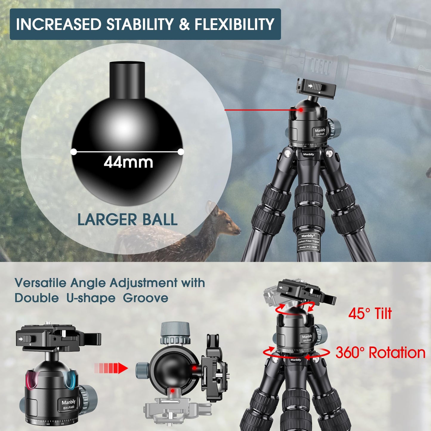 Manbily Carbon Fiber Hunting Tripod with 44mm Ball Head and Arca Swiss & Picatinny Adapters, 63" Heavy Duty Stable Inverted Tripod for Hunting, Shooting, and Outdoors (WZ-2836)