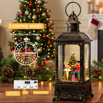 VISFLAIR Christmas Snow Globe Lantern - Musical Nutcracker & Ballerina Decoration | Battery or USB Powered