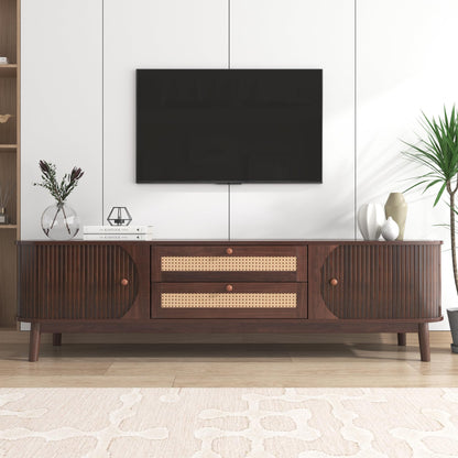 Ball & Cast TV Stand for TVs up to 75",Modern Entertainment Center with 2 Sliding Doors and 2 Rattan Drawers,TV Media Console w/Storage Cabinets and Solid Wood Legs for Living Room,Natural+Brown