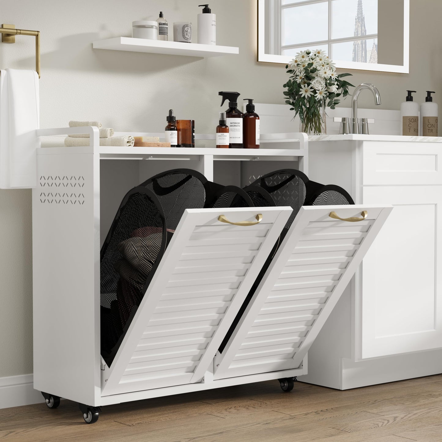 100L Dual Laundry Hamper with Wheels, Metal Rolling Laundry Cabinet with 2 Compartments and Removable Bags, Hidden Design