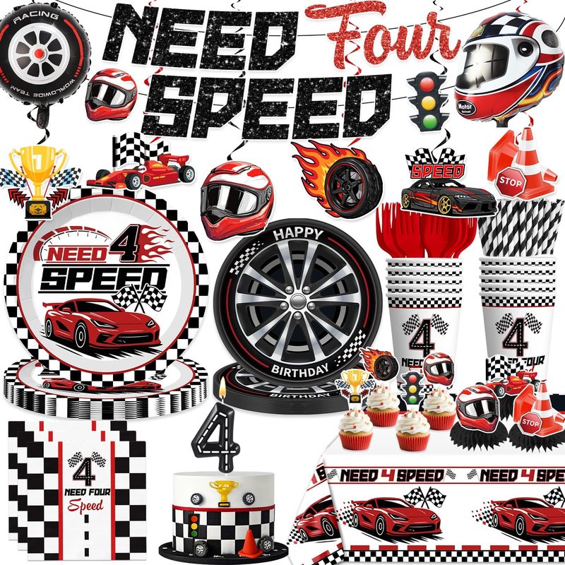 Need Four Speed Birthday Decorations Banner 4th Race Car Cake Topper Racing Balloons Plates and Napkins Need 4 Speed Decorations 4th Birthday 4 Year Old Boy Decorations