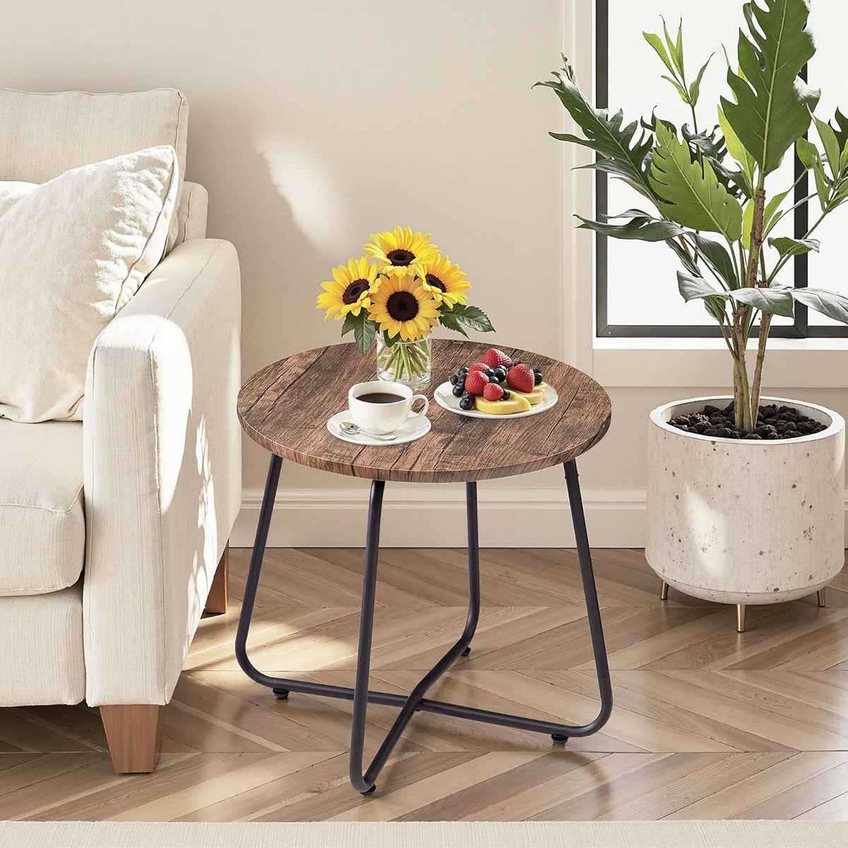 VECELO Small Round Metal Side Snack Table for Outdoor & Indoor Use - Anti-Rust Design