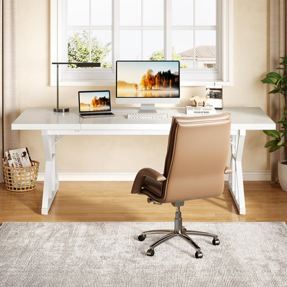 LITTLE TREE 70.8-Inch Large Executive Desk, Extra Long Computer Office Desk Workstation, Modern Simple Style Laptop Table, Sturdy Wooden Writing Workstation for Home White