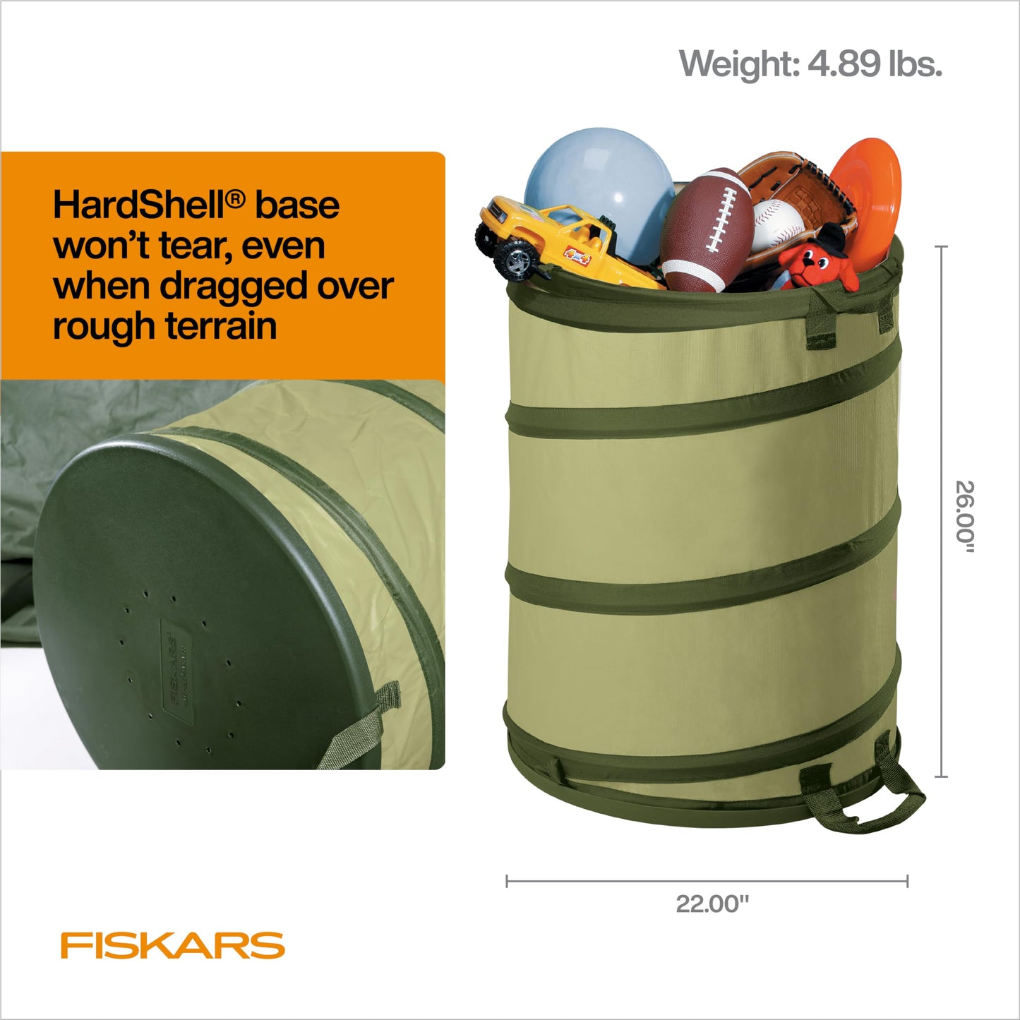 Fiskars Kangaroo Collapsible Garden Bag with Heavy Duty Hardshell Bottom for Yard Waste, 30 Gallon Reusable Container for Lawn Care and Gardening