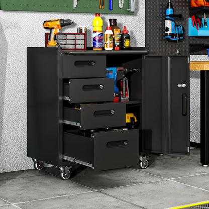 VIYET Garage Cabinets,Metal Garage Storage Cabinet with Wheels,Black Lockable Rolling Tool Cabinet with Drawer and Adjustable Shelves,Heavy Duty Tool Chest for Home Office Utility Room