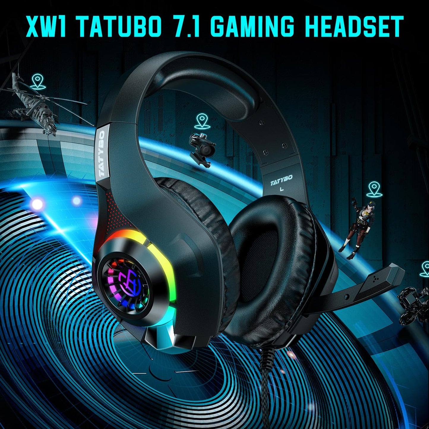 Tatybo Gaming Headset for PS4 PS5 Xbox One PC, Over-Ear Gaming Headphones with Surround Sound, Noise Canceling Mic, RGB Light