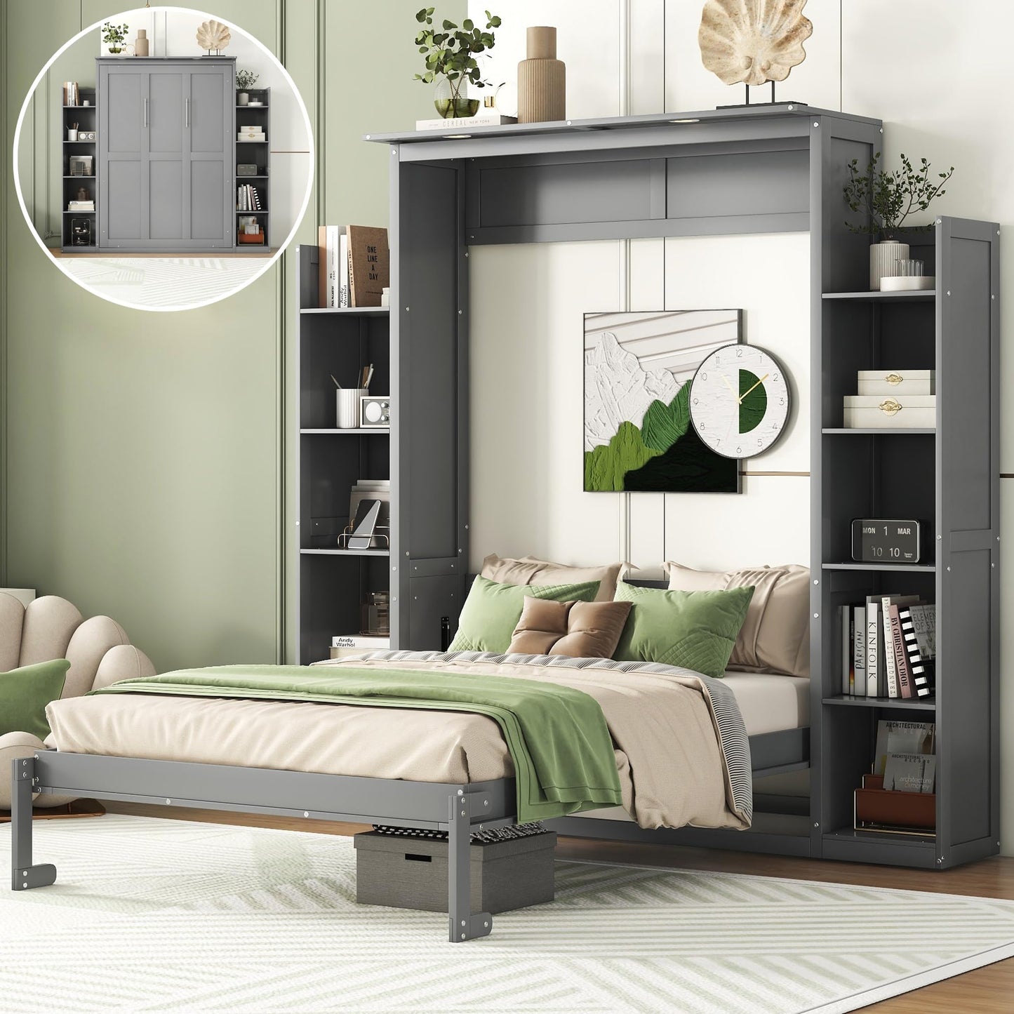 Merax Full Size Murphy Bed with 2 Five-Layer Cabinet, Modern Wall Bed with Shelves and LED Lights, Foldable Wood Platform Bed Folded into Cabinet for Guest Room, Home and Office, Grey