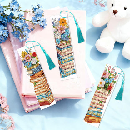 beinkmake 6pcs Diamond Painting Bookmark Set Stack of Books and Flowers Acrylic Bookmarks with Tassels DIY Art Gift for Book Lovers 7.87x1.97 Inches
