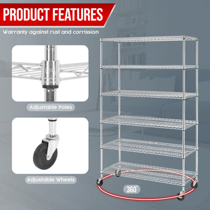 24/7 Shop at Home Arno Industrial 6 Tier Wire Shelving Rack with Wheels, Adjustable Shelf and NSF Certified, Metal Storage Shelves for Kitchen, Office, Garage, Basement, Laundry Room, White